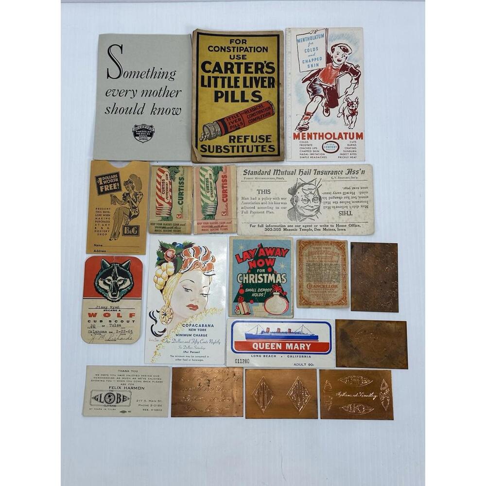 VTG Ephemera Lot Copacabana Queen Mary Carters Little Liver Pills Copper Plate